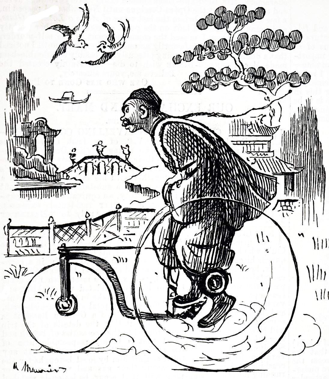 中国の公園で三輪車に乗る中国人の姿を描いた漫画。フランス系イギリス人の漫画家・作家であるジョージ・デュ・モーリア（1834-1896）が描いたもの。 作： ジョージ・デュ・モーリエ