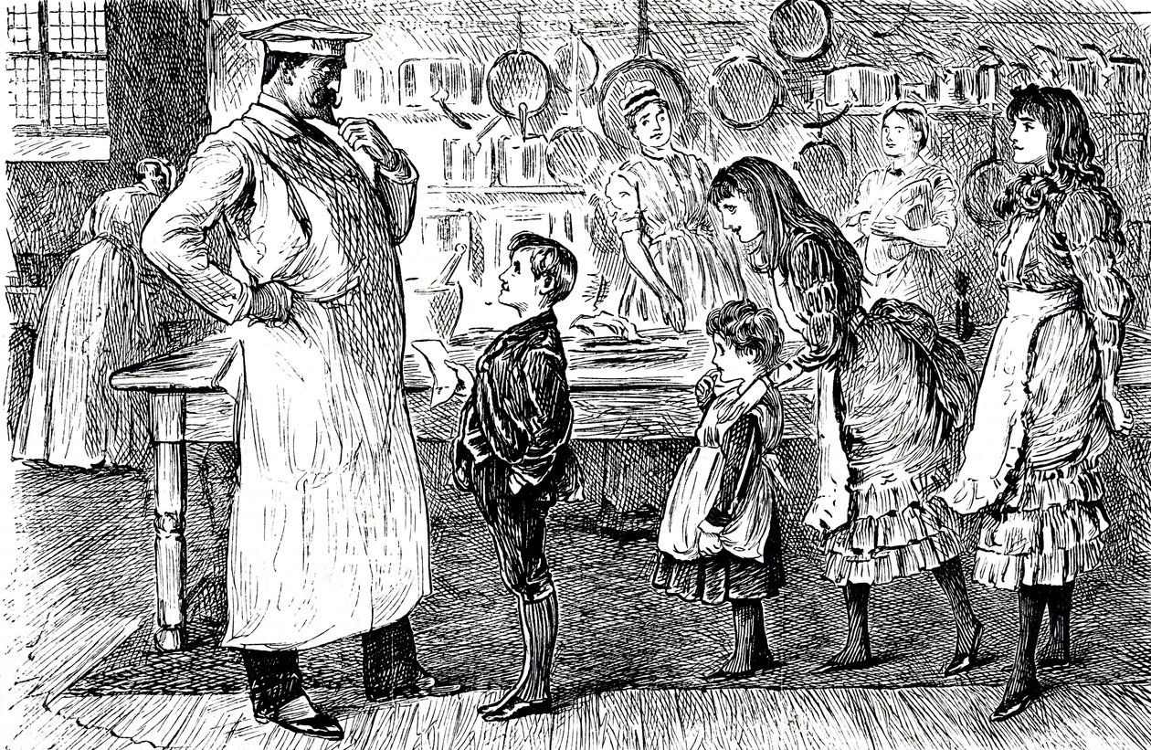 料理人が家の子供たちから注文を受ける様子を描いた漫画。絵を描いたのは、フランス系イギリス人の漫画家・作家のジョージ・デュ・モーリア（1834-1896）。 作： ジョージ・デュ・モーリエ