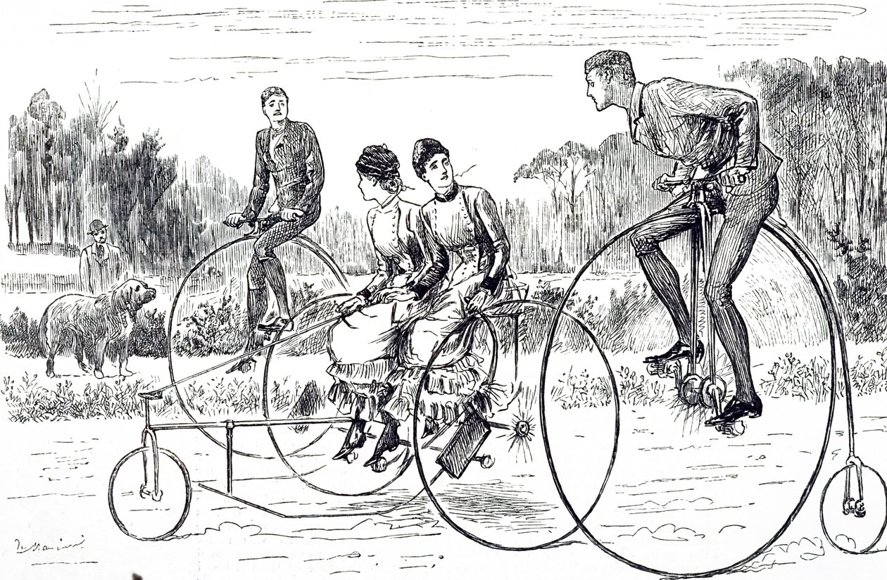三輪車に乗る若者たちの姿を描いた漫画。フランス系イギリス人の漫画家・作家であるジョージ・デュ・モーリア（1834-1896）が描いたもの。 作： ジョージ・デュ・モーリエ
