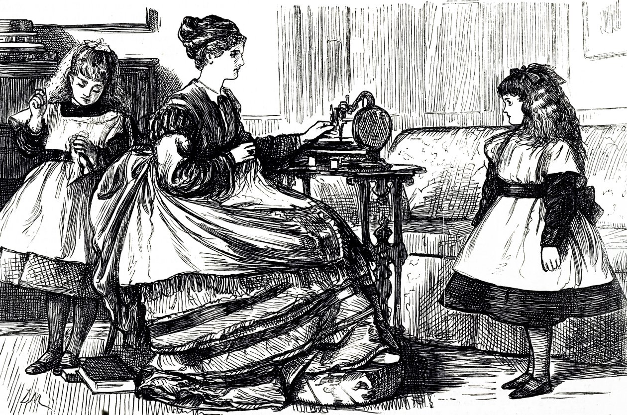 ミシンを使う若い母親の姿を描いた漫画。絵を描いたのは、フランス系イギリス人の漫画家・作家のジョージ・デュ・モーリア（1834-1896）。 作： ジョージ・デュ・モーリエ