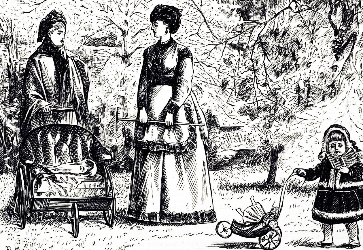 継承か、構想か」というタイトルの漫画。絵を描いたのは、フランス系イギリス人の漫画家・作家のジョージ・デュ・モーリア（1834-1896）。 作： ジョージ・デュ・モーリエ