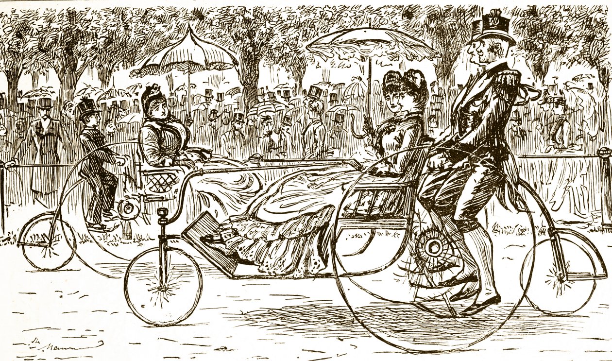 自転車に乗った乗客を描いたエングレーヴィング。フランス系イギリス人の漫画家・作家であるジョージ・デュ・モーリア（1834-1896）が描いたもの。 作： ジョージ・デュ・モーリエ