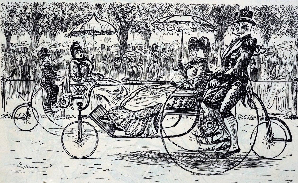 自転車に乗った乗客を描いたエングレーヴィング。フランス系イギリス人の漫画家・作家であるジョージ・デュ・モーリア（1834-1896）が描いたもの。 作： ジョージ・デュ・モーリエ