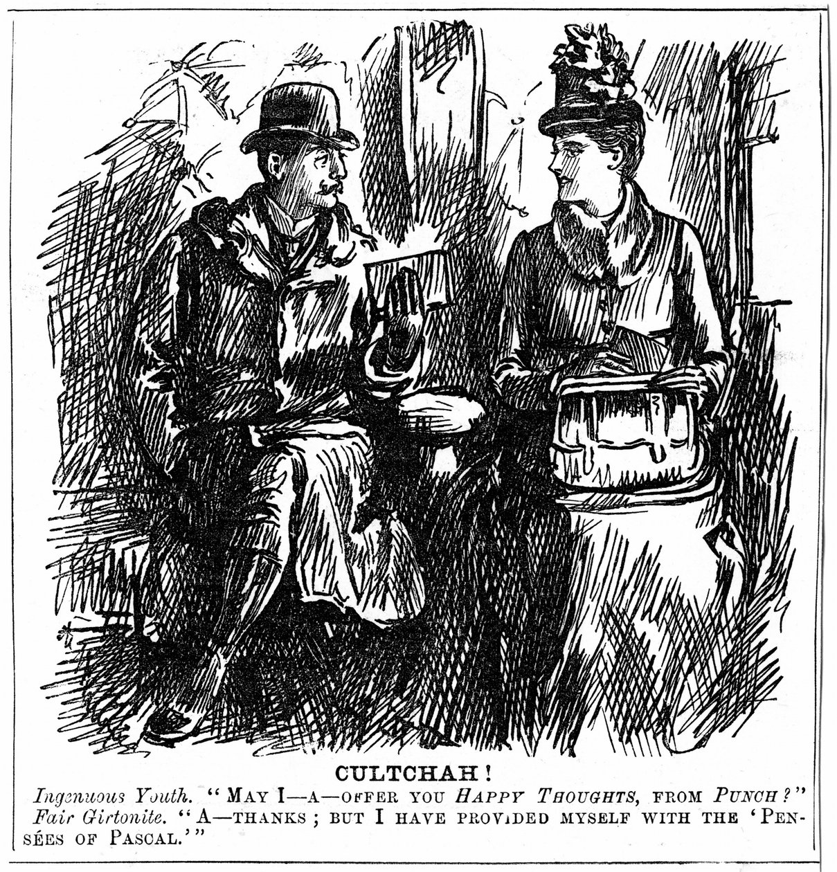 Vorteile der Universitätsbildung für Frauen. George du Maurier Karikatur aus Punch London 8. Dezember 1887. Ein junger Mann im Eisenbahnwagen bietet einer Absolventin von Girton, Cambridge, leichte Lektüre für die Reise an. Sie lehnt dankend ab, da sie sic von George du Maurier