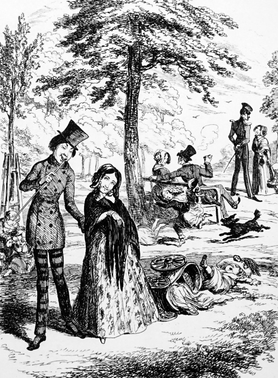 フランス系イギリス人の漫画家・作家であるジョージ・デュ・モーリア（1834-1896）が描いた、恋人と歩く家政婦を描いた漫画。 作： ジョージ・デュ・モーリエ