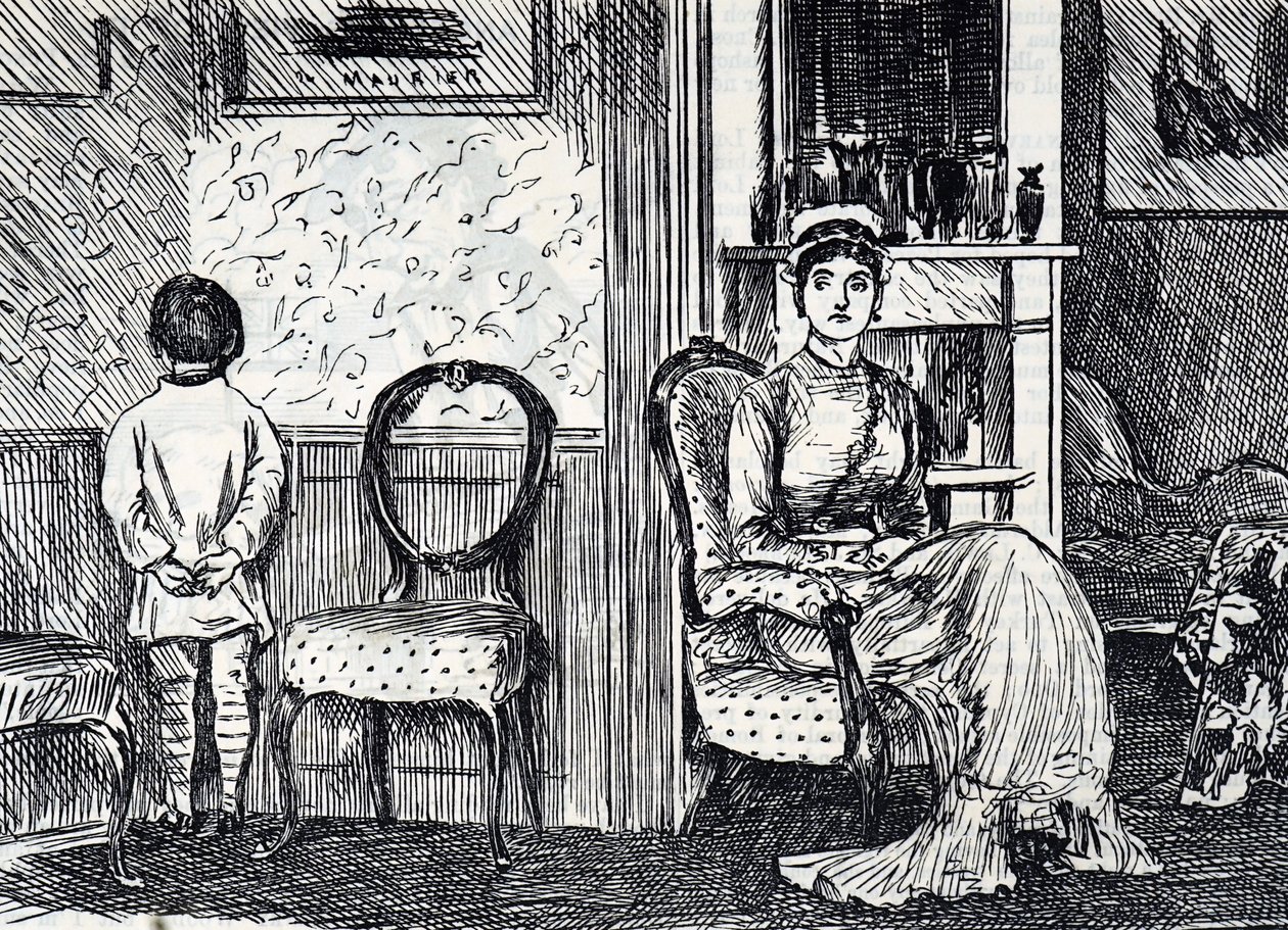 母親が息子を壁に向かって立たせて罰する様子を描いた漫画 作： ジョージ・デュ・モーリエ