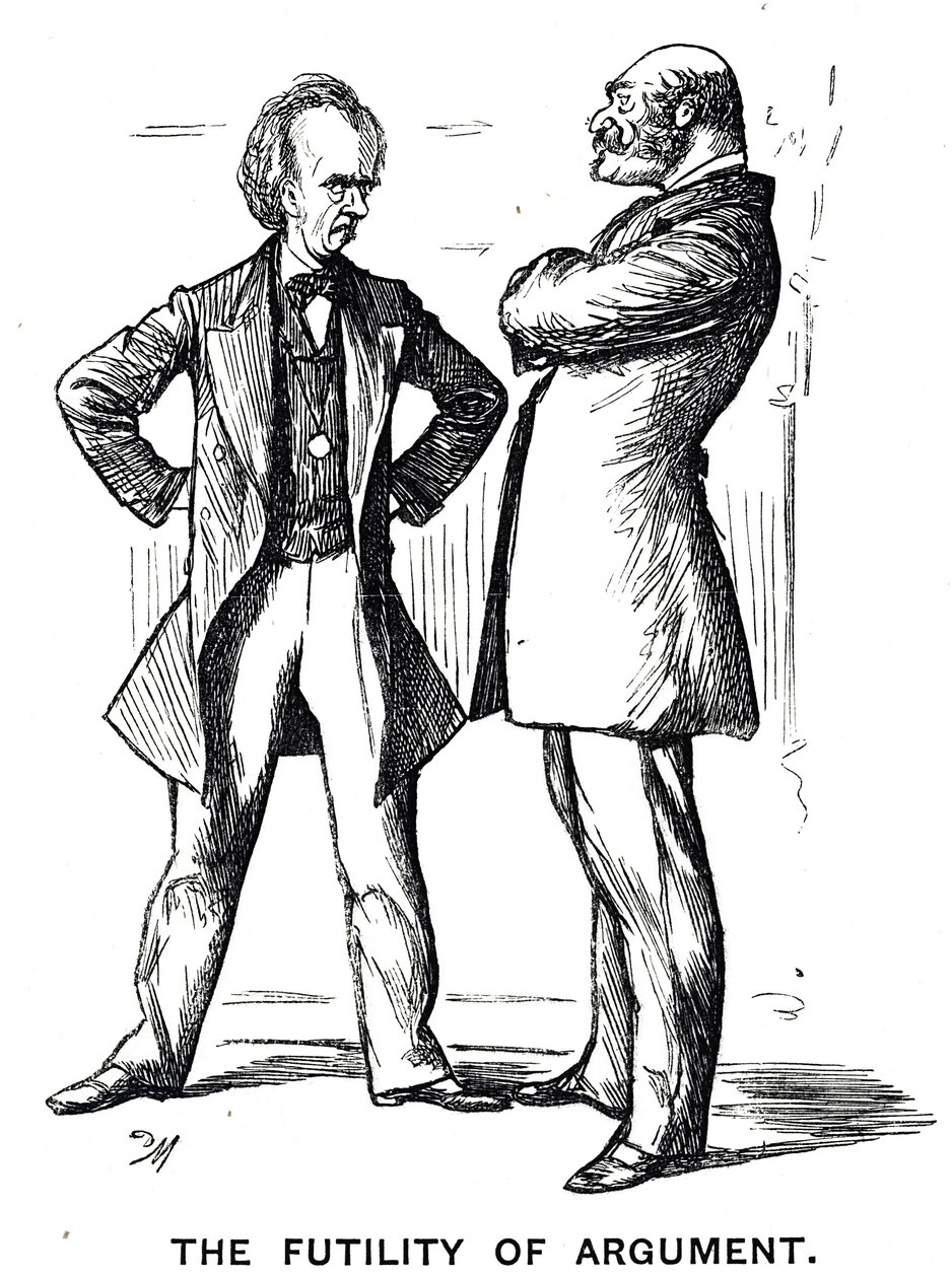 The Phrenology Argument - Again」というタイトルの漫画に「The Futility of Argument」というキャプションがついている。 作： ジョージ・デュ・モーリエ