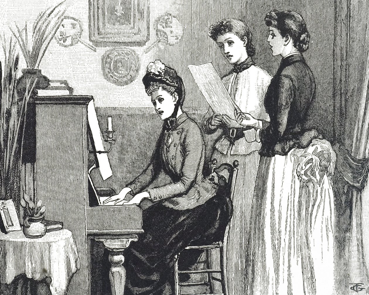 客間で歌う若い女性たちを描いたエングレーヴィング 作： ジョージ・デュ・モーリエ