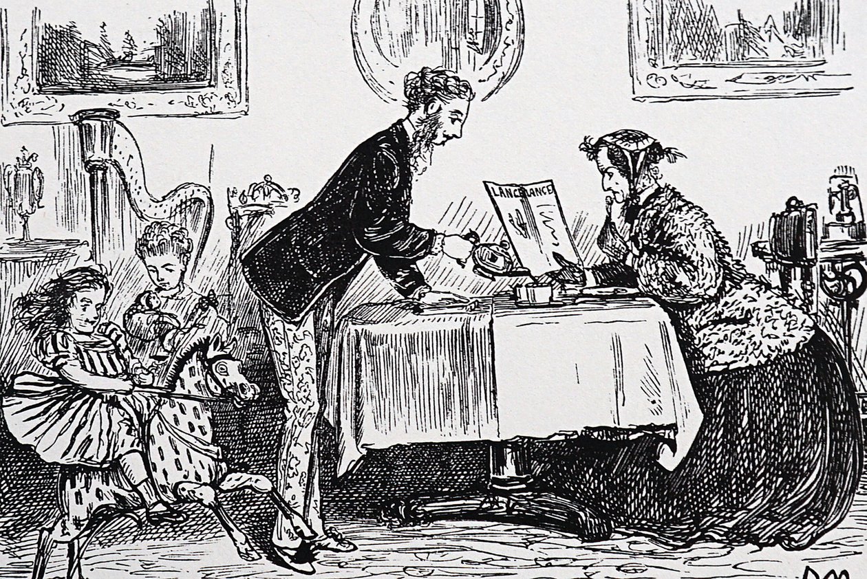 1865年、エリザベス・ギャレット・アンダーソンは、初の女性医師として医師免許を取得しました。 作： ジョージ・デュ・モーリエ