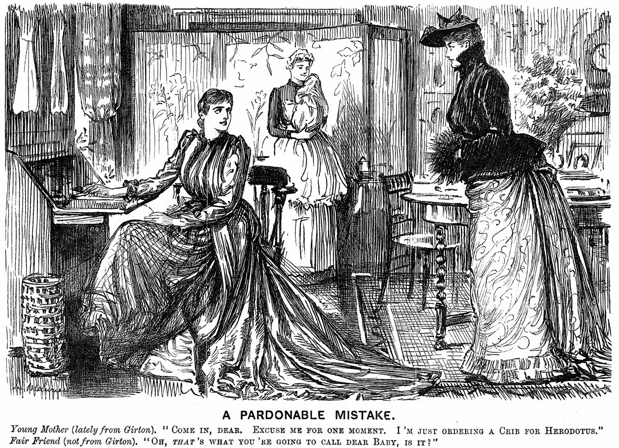 大学教育を受けた女性が、教育を受けていない友人との会話を混乱させる。George du Maurier cartoon from Punch London 7 December 1889.エングレーヴィング 作： ジョージ・デュ・モーリエ