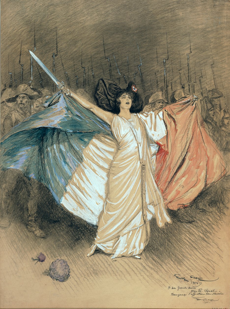 Marthe Chenal（1881-1947）歌う「ラマルセイエーズ」、1914年（紙に鉛筆とトイレ） 作： ジョルジュ・バーティン・スコット