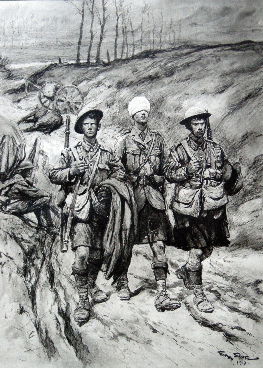 1917年に負傷した士官を助けるスコットランドの兵士 作： ジョルジュ・バーティン・スコット