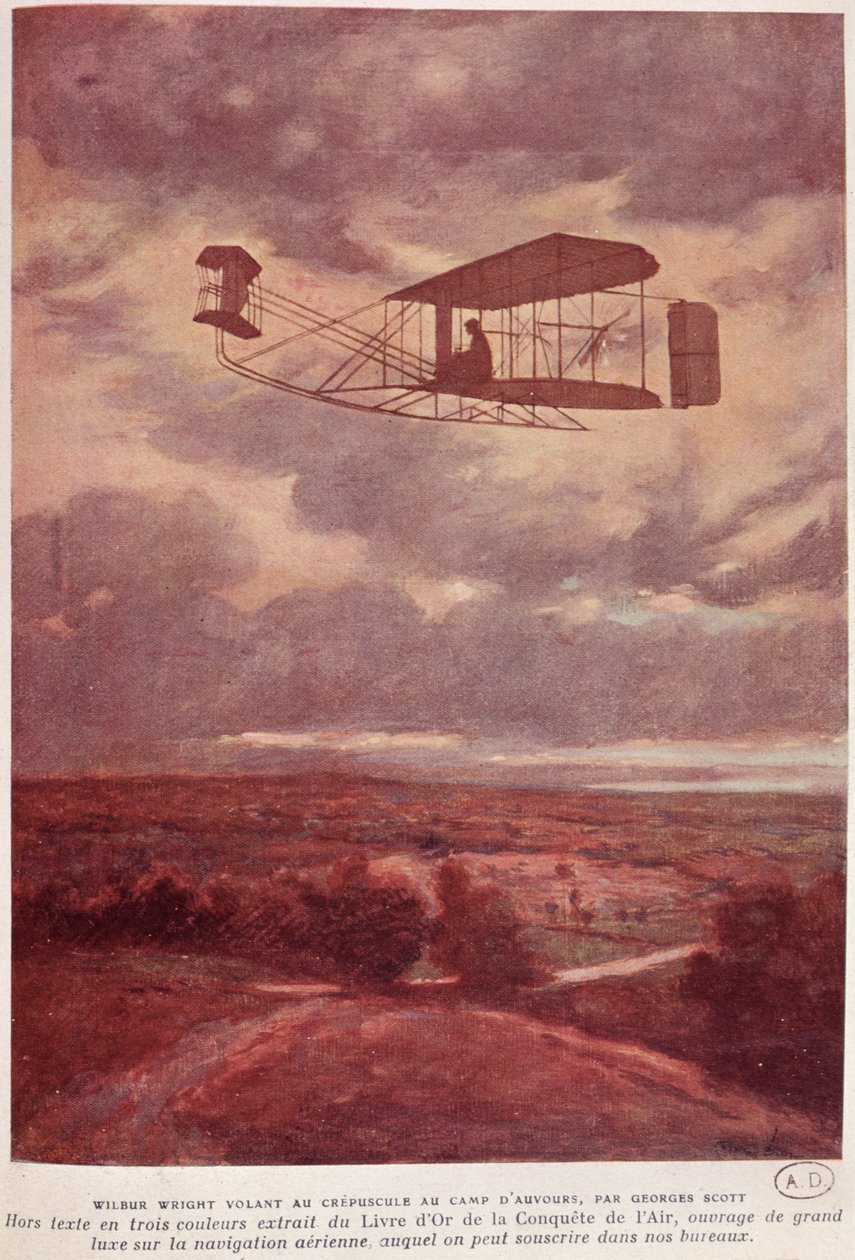 1908年9月21日、1910年頃のキャンプドーバーでの記録破りの夜間飛行中のウィルバーライト（1867-1912） 作： ジョルジュ・バーティン・スコット