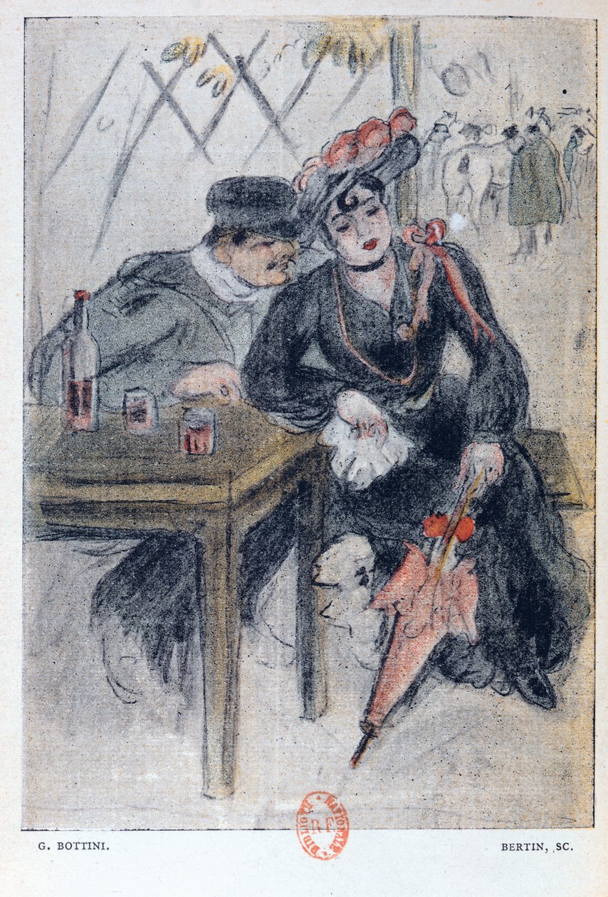 売春婦と彼女のクライアント、1904年に出版されたJean Lorrain（1855-1906）による「La Maison Philibert」のイラスト 作： ジョルジュ・ボッティーニ