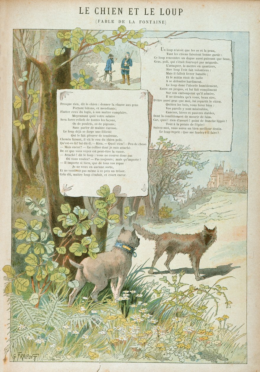犬と狼、ジャン・デ・ラ・フォンテーヌ作「寓話」（1621-95）（カラー彫刻） 作： ジョルジュ・フライポント