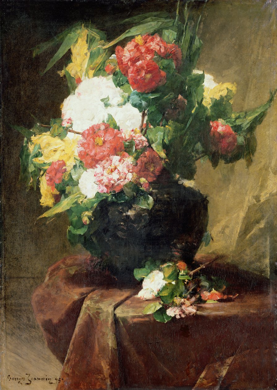 ドレープテーブルの上の花瓶の牡丹。 1895 作： ジョルジュ・ジャンニン