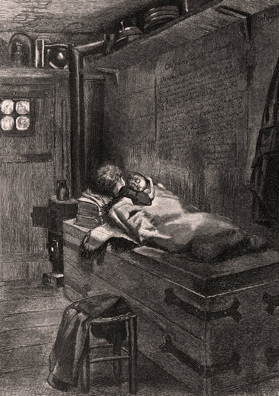 GwynplaineとDeaが胸で眠っている-L&39;Homme qui rit、19世紀のイラスト（bw彫刻） 作： ジョルジュ・マリー・ロシュグロス