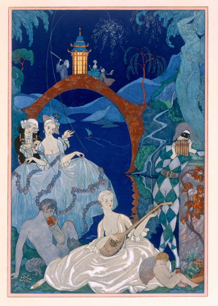 青い月の下のボール、1928年に出版されたポール・ヴェルレーヌ（1844-96）による「Fetes Galantes」のイラスト（pochoir print） 作： ジョルジュ (後) 理容師
