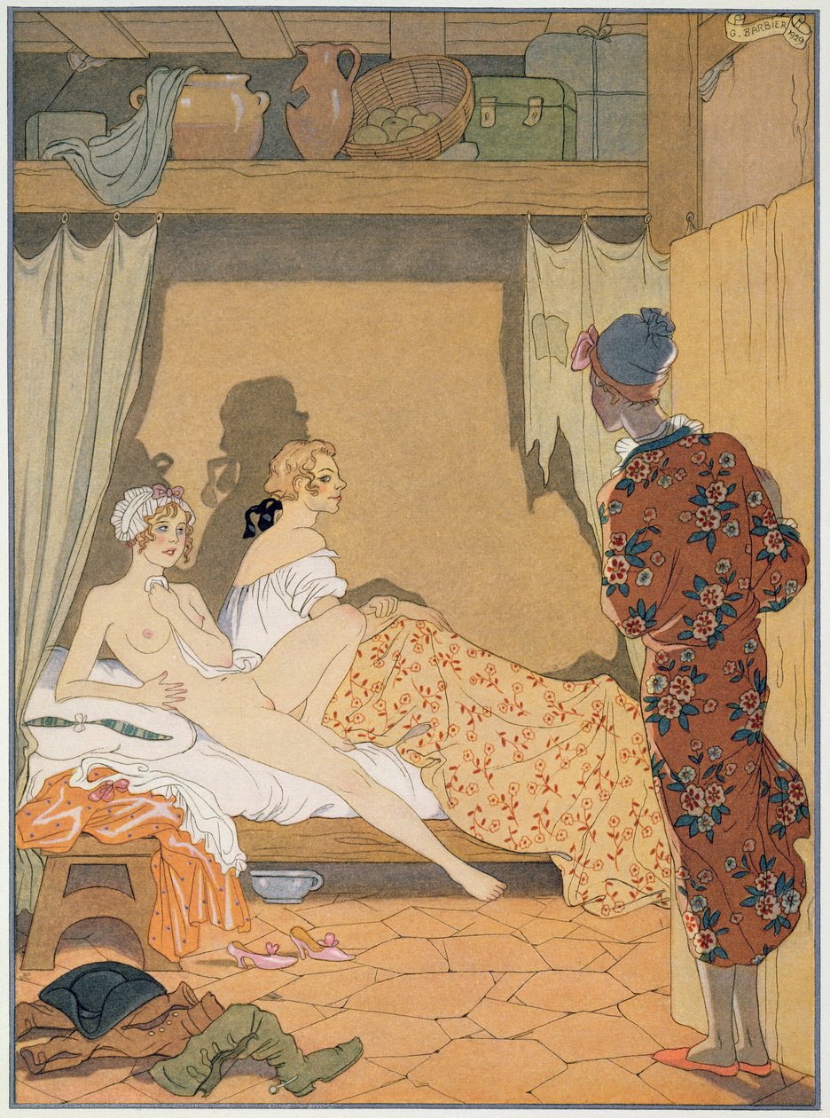 寝室のシーン、1920年代に出版されたピエール・チョデルロス・デ・ラクロス（1741-1803）による「Les Liaisons Dangereuses」のイラスト（ポショワールプリント） 作： ジョルジュ (後) 理容師