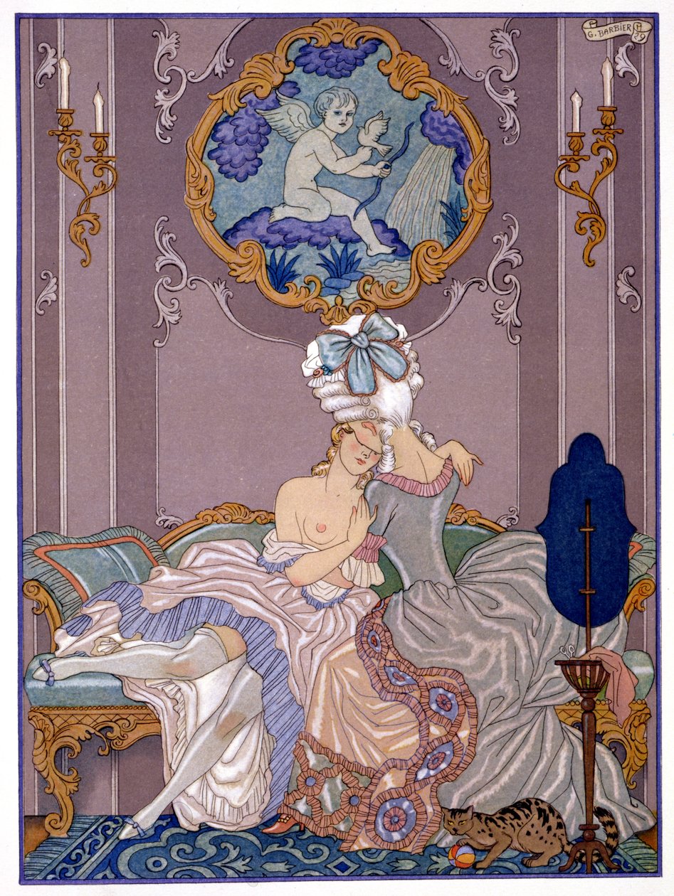1920年代に出版されたピエール・チョデルロス・ド・ラクロス（1741-1803）による「Les Liaisons Dangereuses」の寝室のシーン（ポショワールプリント） 作： ジョルジュ (後) 理容師