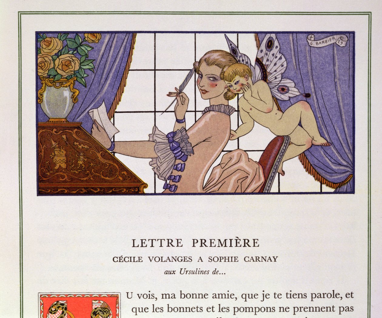 最初の手紙、1920年代に出版されたピエール・チョデルロス・ド・ラクロス（1741-1803）による「Les Liaisons Dangereuses」のイラスト（ステンシルプリント） 作： ジョルジュ (後) 理容師