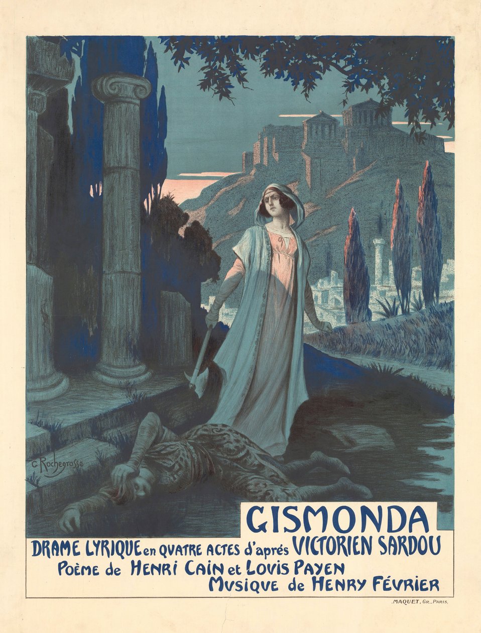 V. Sardou による劇場劇 Gismonda のポスター、1919 年。 作： ジョルジュ・アントワーヌ・ロシュグロス