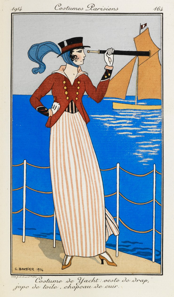 コスチューム・ド・ヨット: ベスト・ド・ドラップ、ジュプ・ド・トワル、シャポー・ド・キュイール. ヨットの衣装を着た女性: 赤い布のジャケット、縞模様のリネンのスカート、革の帽子、青いスカーフ. 彼女は望遠鏡を使って、バック グラウンドでボートを指しています。 パリジャンの衣装。 作： ジョルジュ・バーバー