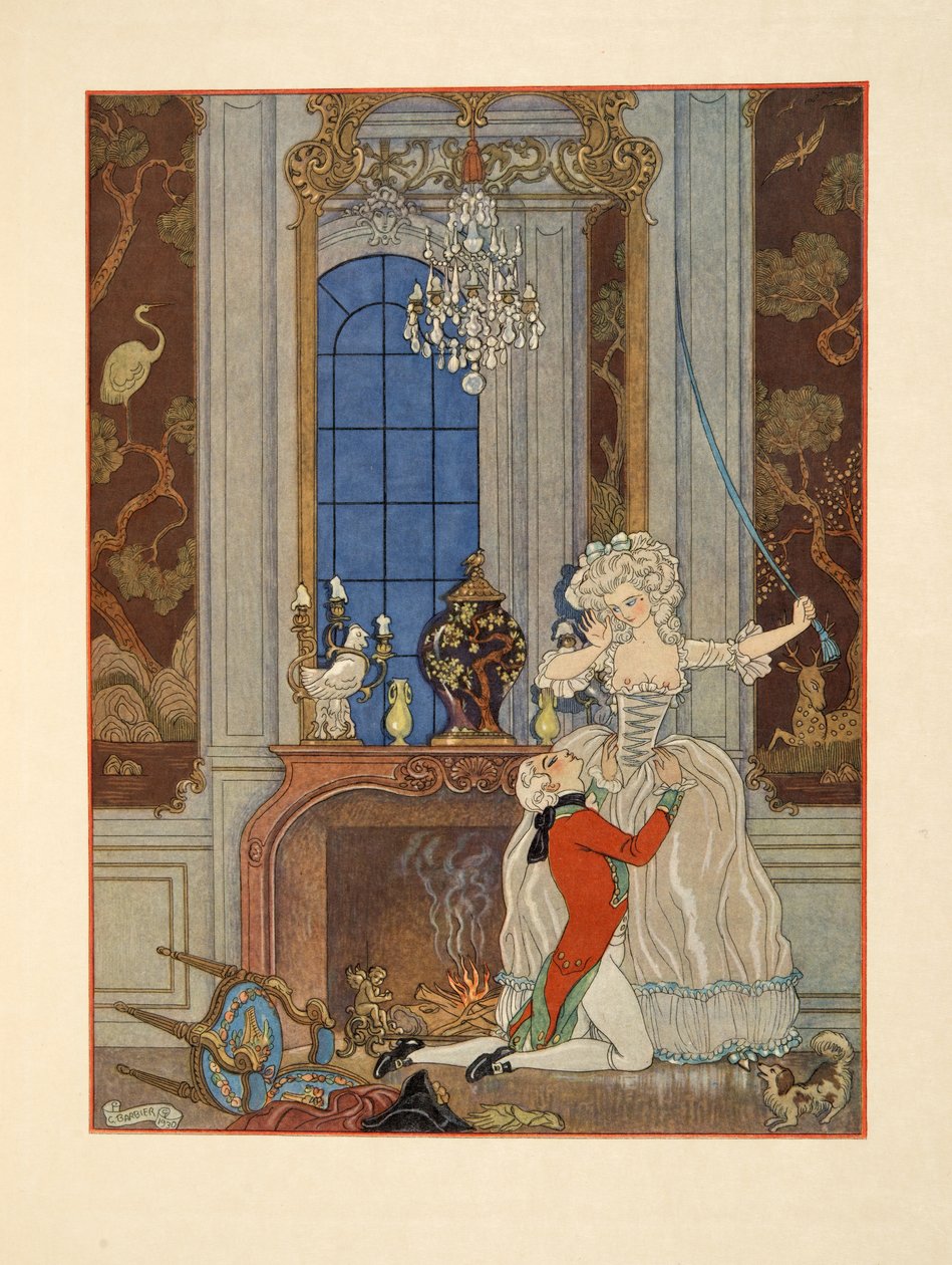 セシルへの愛を宣言するダンセニー、ピエール・チョデルロス・ド・ラクロス（1741-1803）パブによる「危険な関係」のイラスト. 1934年（ステンシルプリント） 作： ジョルジュ・バーバー