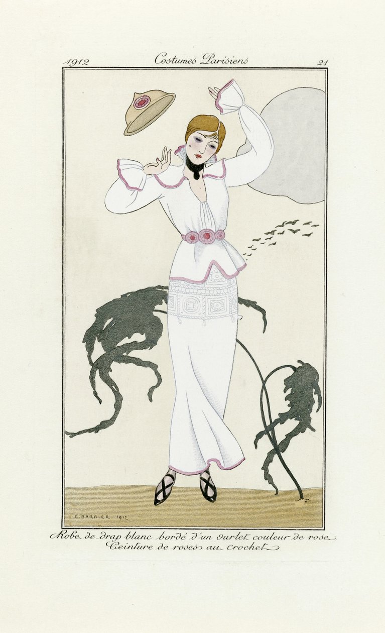 「パリの衣装」からのピンクのトリムとかぎ針編みのベルトが付いた白いドレスのデザイン、pub.1912（pochoir print） 作： ジョルジュ・バーバー