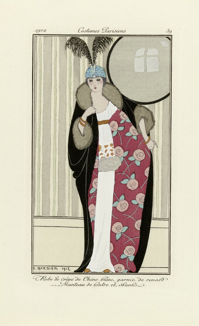 クレープデシンと毛皮のコートで作られたドレスのデザイン、コスチュームパリジャン、pub.1912（ポショワールプリント）から 作： ジョルジュ・バーバー