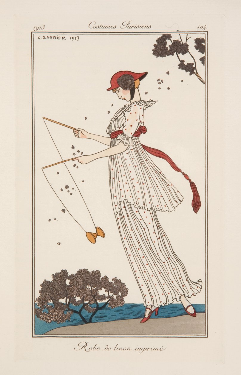 「Journal des Dames et des Modes」のイラストをプリントしたリネンのドレス 作： ジョルジュ・バーバー