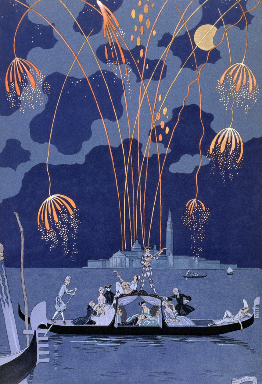 ヴェネツィアの花火、ポール・ヴェルレーヌ作「Fetes Galantes」のイラスト（1844-96）、1924年（ポショワールプリント） 作： ジョルジュ・バーバー