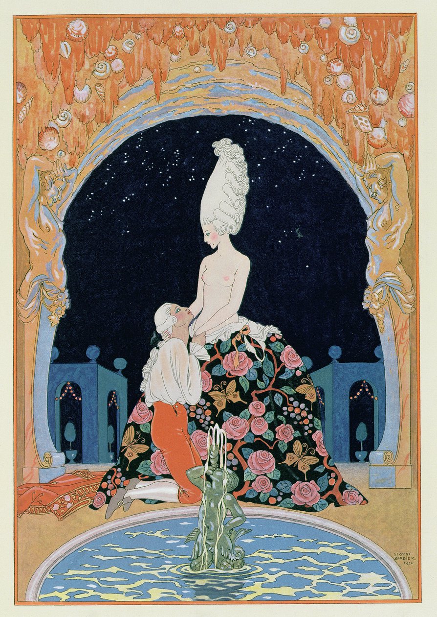洞窟の中、ポール・ヴェルレーヌ作「Fetes Galantes」のイラスト（1844-96）、1928年（ポチョワールプリント） 作： ジョルジュ・バーバー