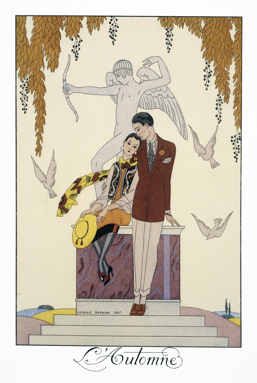 秋、George Barbier (1882-1932) によるリトグラフ、Falbalas et Fanfreluches、Almanach des Modes Presentes、Passees et Futures から 作： ジョルジュ・バーバー