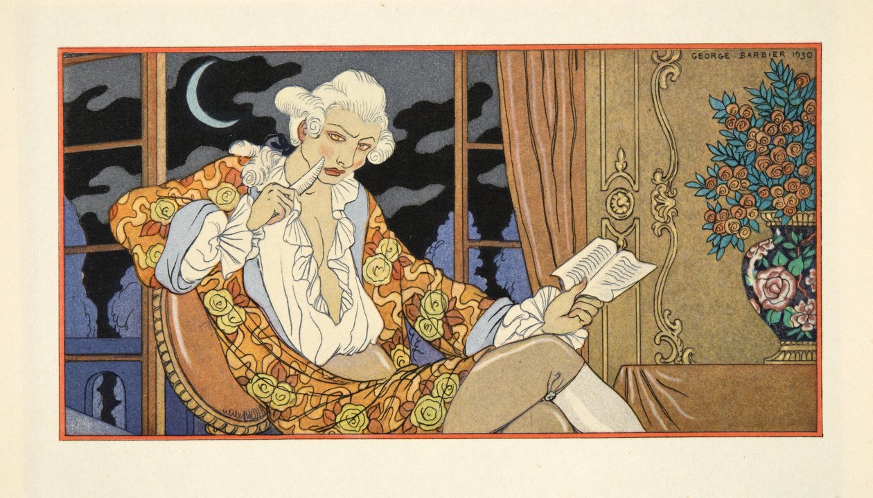 ピエール・チョドレルロス・ド・ラクロス（1741-1803）の「Les Liaisons Dangereuses」より、セシル・ヴォランジュからヴァルモン子爵への手紙LXXXVIII、パブ。 1934年（ステンシルプリント） 作： ジョルジュ・バーバー