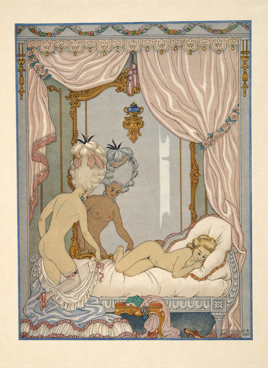 ピエール・チョデルロス・ド・ラクロス（1741-1803）のパブによる「危険な関係」の挿絵、セシル・ド・ヴォランジュの寝室へのマーキス・ド・メルトゥイユの訪問。 1934年（ステンシルプリント） 作： ジョルジュ・バーバー