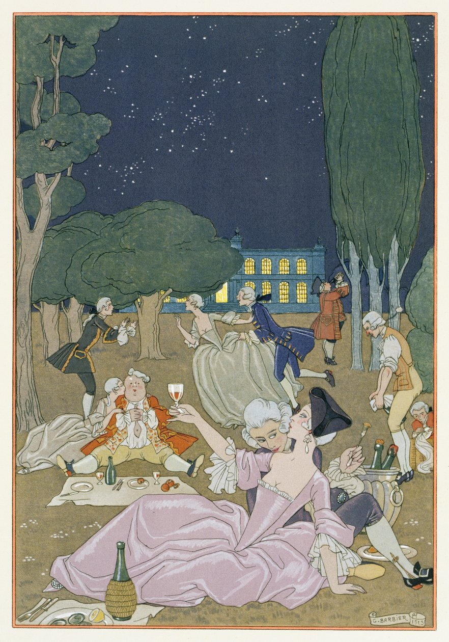 芝生の上、ポール・ヴェルレーヌ（1844-96）による「Fetes Galantes」のイラスト、1923年（ポチョワールプリント） 作： ジョルジュ・バーバー