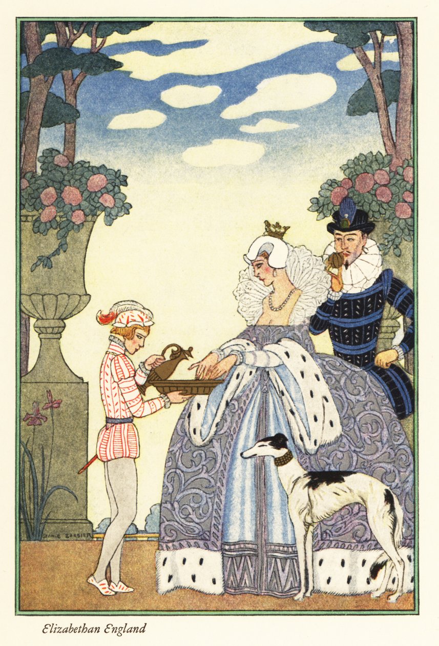 エリザベス女王は、ページボーイが持ったボウルで手を洗います。 1928年（版画） 作： ジョルジュ・バーバー