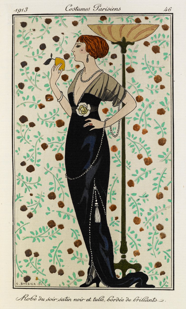 Robe du soir satin noir et tulle bordée de brillants. Costumes Parisiens Nr. 46 von Georges Barbier