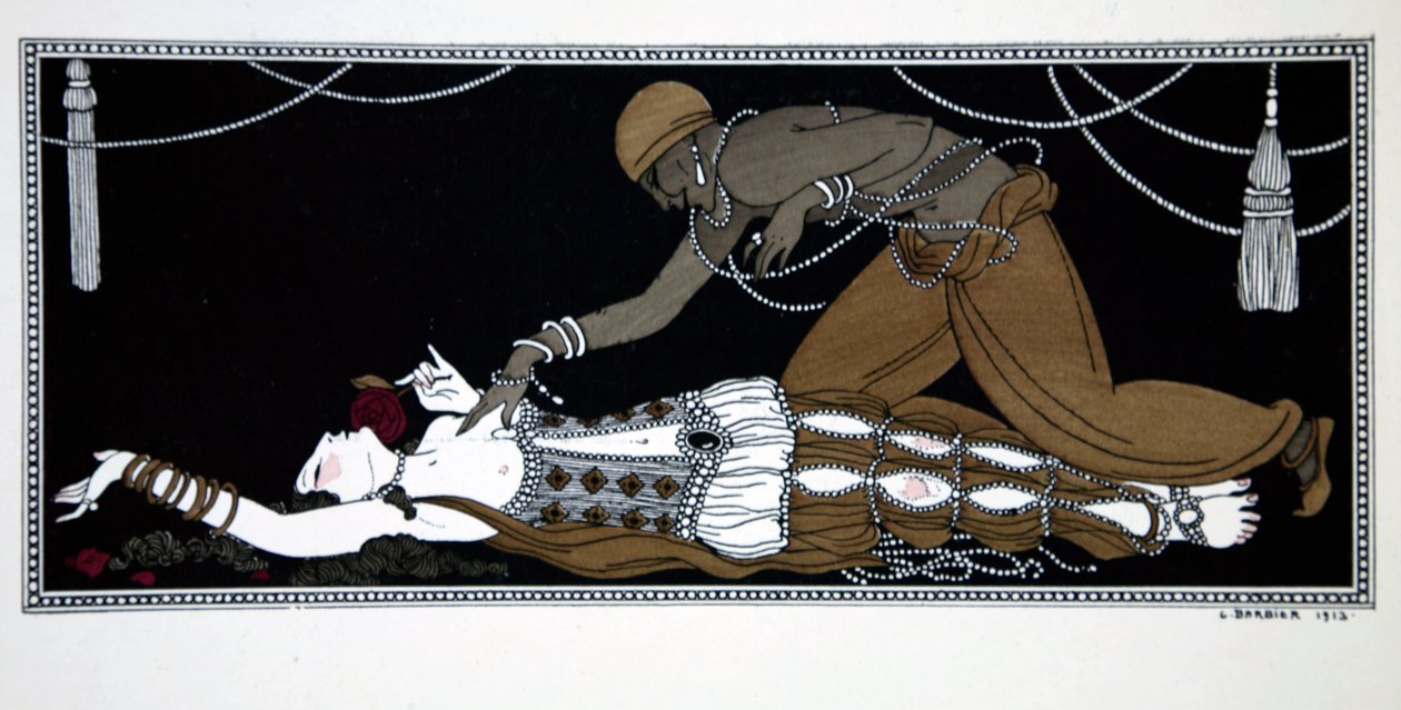 シリーズ「ヴァスラフ・ニジンスキーのダンスのデザイン」（1889-1950）からのシェヘラザード。 ジョルジュ・バルビエ (1882-1932)、ポショワール版画 作： ジョルジュ・バーバー