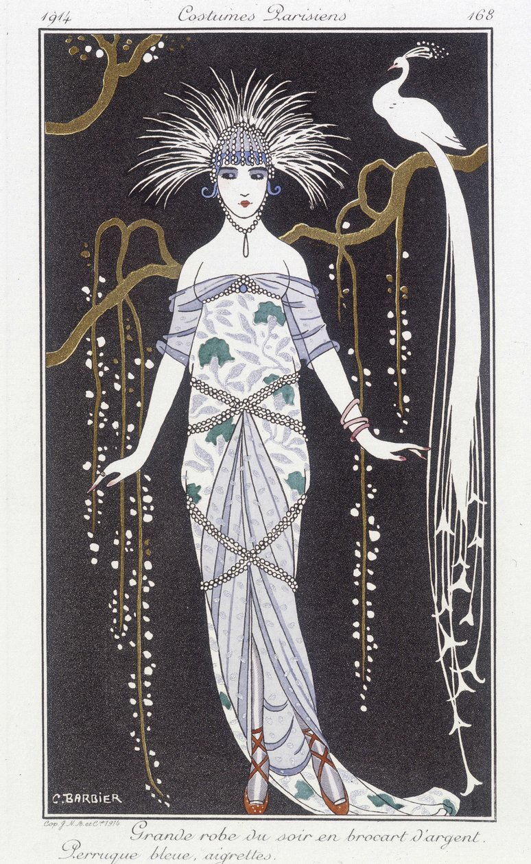 シルバー ブロケードのイブニング ドレスとウィッグ - イラストは George Barbier (1882-1932)。 in “” Journal des dames et des modes: Costumes Parisiens”” 作： ジョルジュ・バーバー
