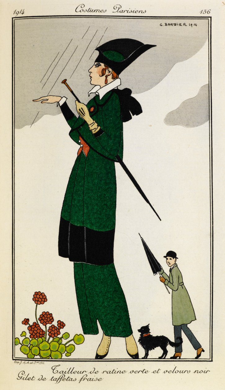 Tailleur de Ratine verte et velours noir. Gilet de taffetas fraise. 緑と黒のシルクで仕立てられた衣装を着て、ストロベリー シルクのチョッキを着た女性。 トレンチ コートを着た人、傘をさし、犬を背景に。 パリジャンの衣装。 作： ジョルジュ・バーバー