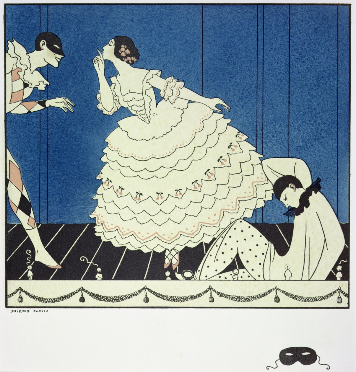 タマラ・カルサヴィナ (1885-1978) はコロンバイン役、ヴァスラフ・ニジンスキー (1890-1950) はハーレクイン役、アドルフ・ボルム (1884-1951) は 1910 年のフォーキンの「カーニバル」のピエロ役。 1914年（ポチョワールプリント） 作： ジョルジュ・バーバー