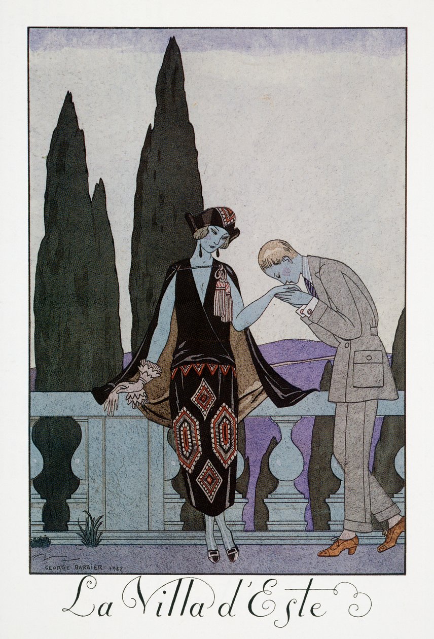 フィレンツェ近郊のヴィラ デステ、George Barbier (1882-1932) によるリトグラフ、Falbalas et Fanfreluches、Almanach des Modes Presentes、Passees et Futures から 作： ジョルジュ・バーバー
