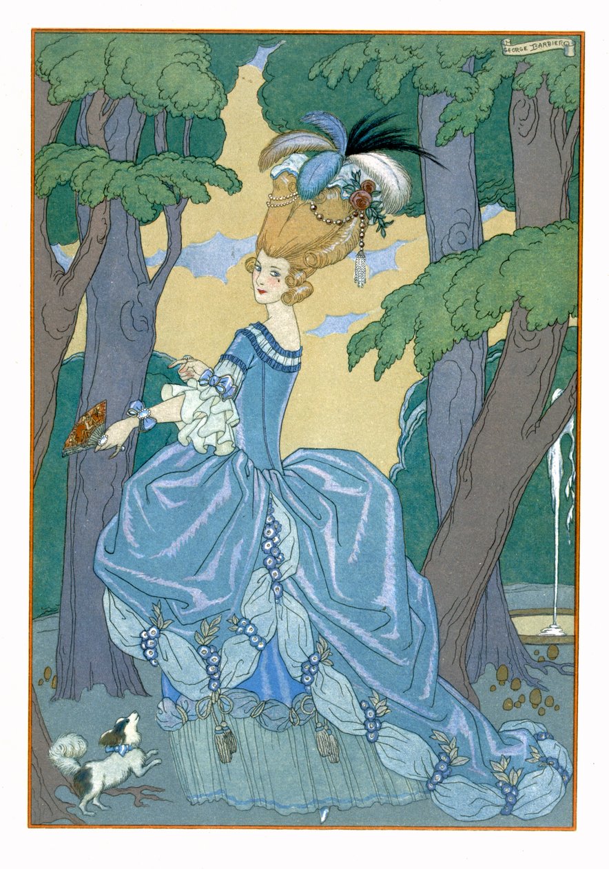 森の中を歩く、Paul Verlaine（1844-96）による「Fetes Galantes」のイラスト、1928年（pochoir print） 作： ジョルジュ・バーバー