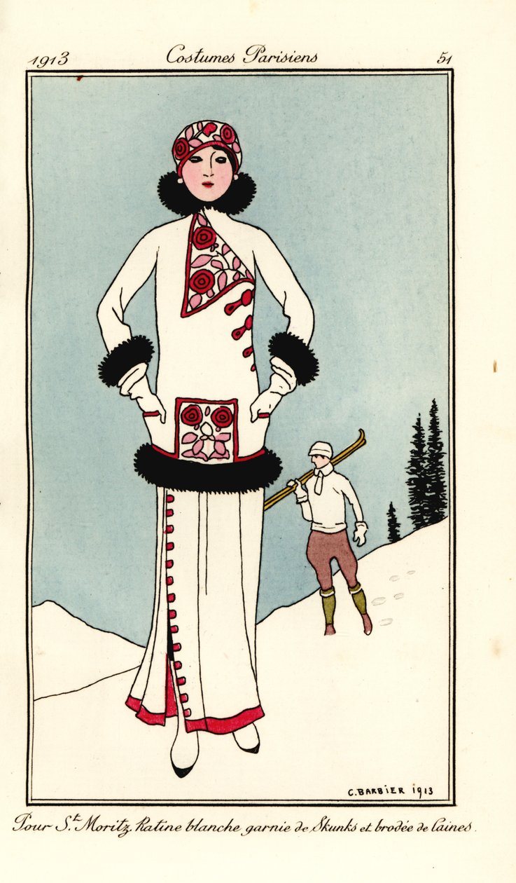 Frau im Outfit für St. Moritz in weißem Fries mit Skunkbesatz und Wollstickerei von Georges Barbier