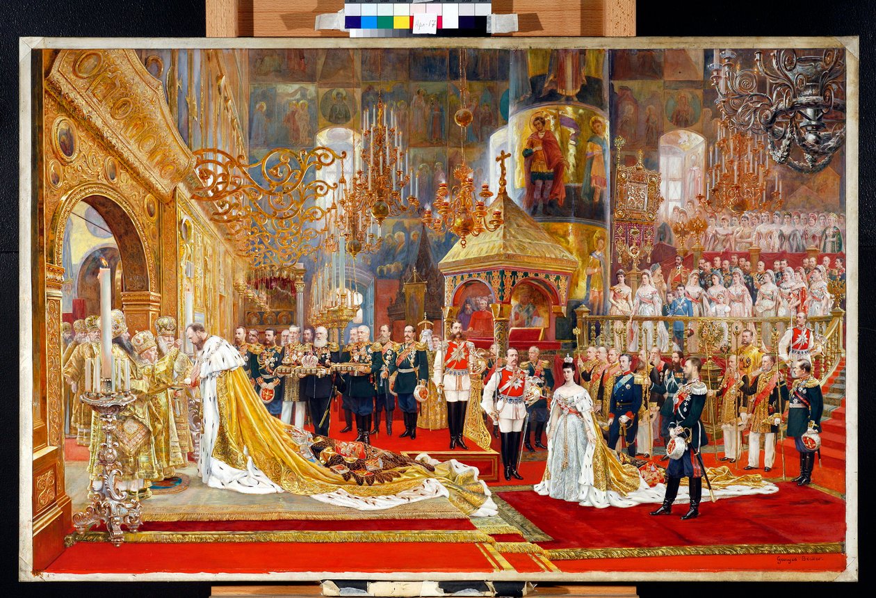 ロシアの皇帝アレクサンドル 3 世 (1845-1894) と皇后マリア フョードロヴナ (デンマークのダグマー) (1847-1928) の戴冠式 - ジョージ ベッカー (1845-1909) によるアートワーク 作： ジョルジュ・ベッカー