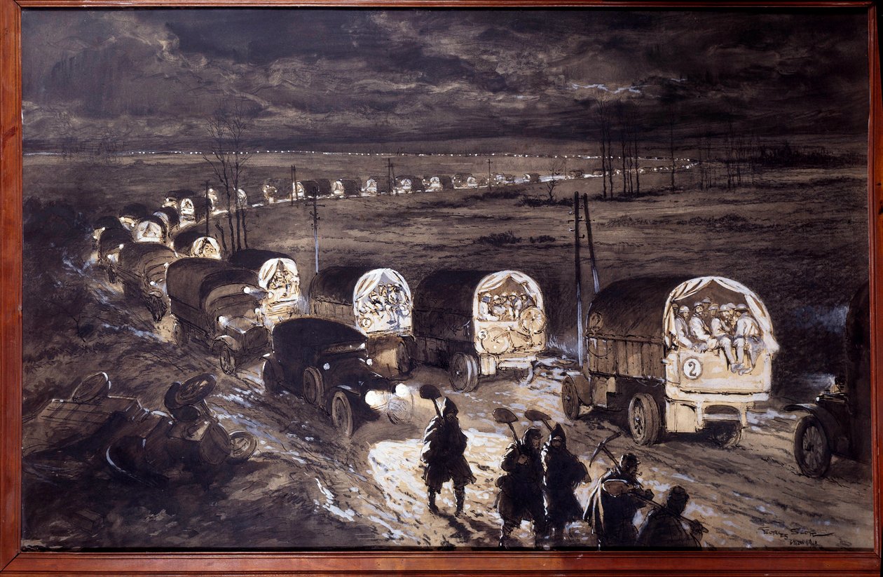 第一次世界大戦（1914-1918）。"ヴェルダンの聖なる道" 水彩画 ジョルジュ・ベルタン・スコット（1873-1942） dit Scott de Plagnolles.1916年3月日 0.7x1.1 m パリ、軍隊博物館 作： ジョルジュ・バーティン・スコット