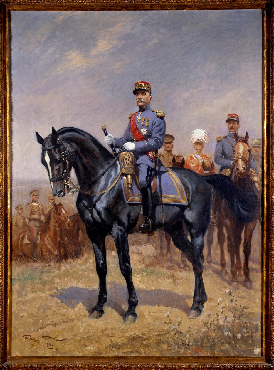 第一次世界大戦：「フェルディナン・フォック（1851-1929）フランス馬主の騎馬像」その後ろにはダグラス・ヘイグ、アルマンド・ディアス、マキシム・ウェイガンがいる。ジョルジュ・ベルタン・スコット（1873-1942）dit Scott de Plagnollesによる絵画 1930年日。1,25x0,92 m. パリ、Musee d 作： ジョルジュ・バーティン・スコット