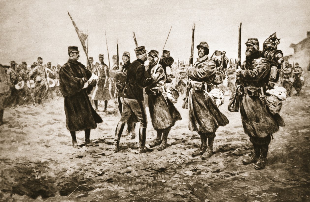 銃撃戦で勇敢な者を称える： &39;The Illustrated War News&39;から、軍のメダルで飾られた男性に称賛を与えるフランスの将軍 作： ジョルジュ・バーティン・スコット